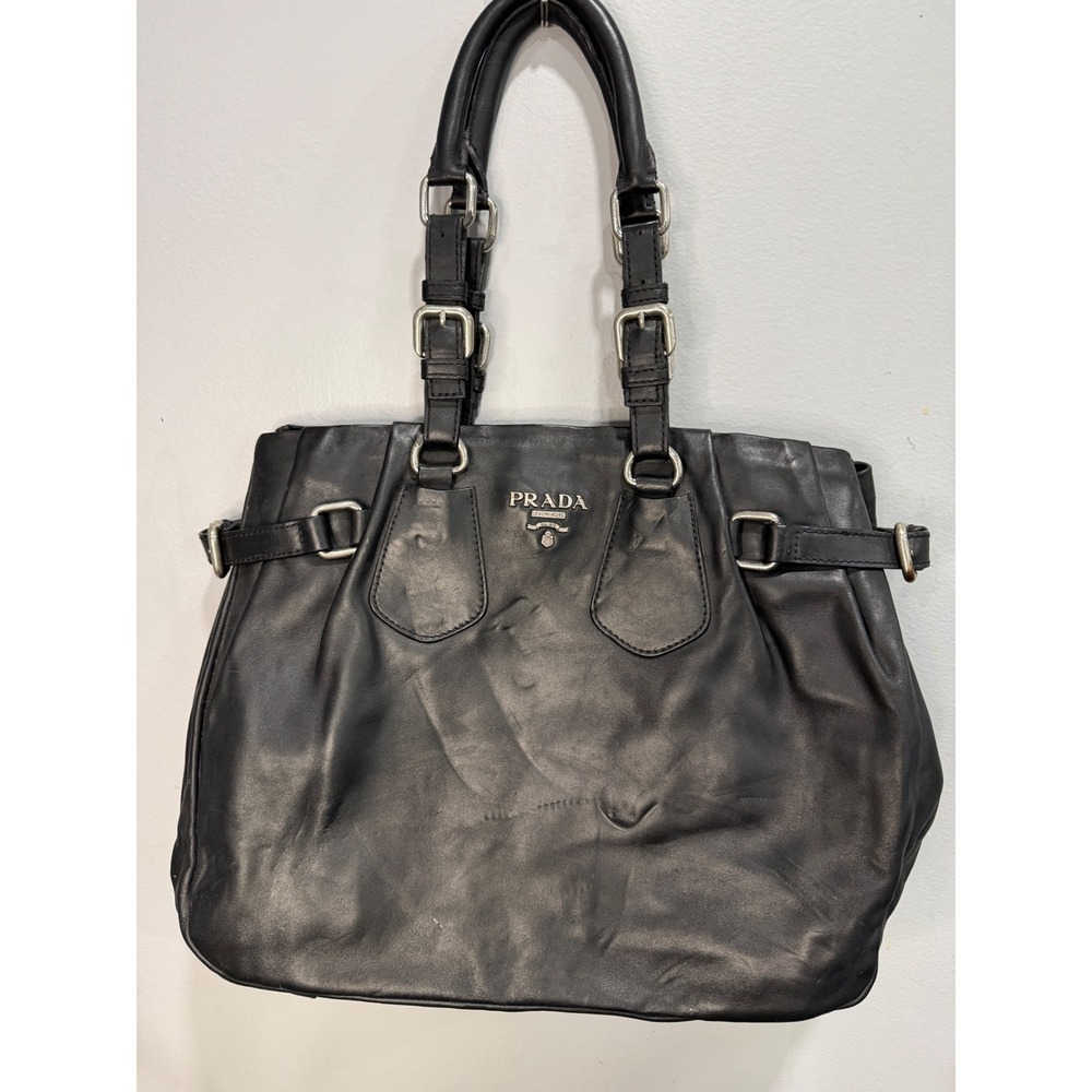 Prada Milano Black Vitello Daino Leather Buckle Tote Shoulder Bag